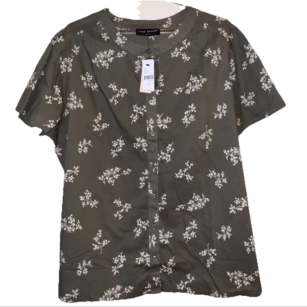 Lane Bryant Size 18 NWT Olive Green Floral Button Front Blouse